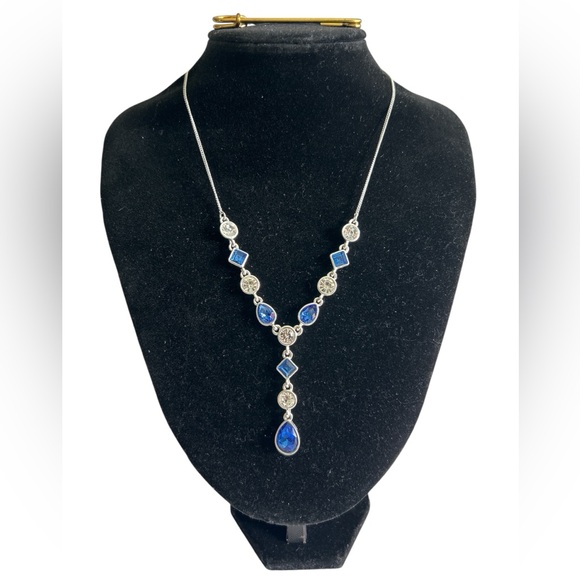 Fashion Silver Tone  Blue and Clear Rhinestone Y Shape Necklace - Picture 1 of 16